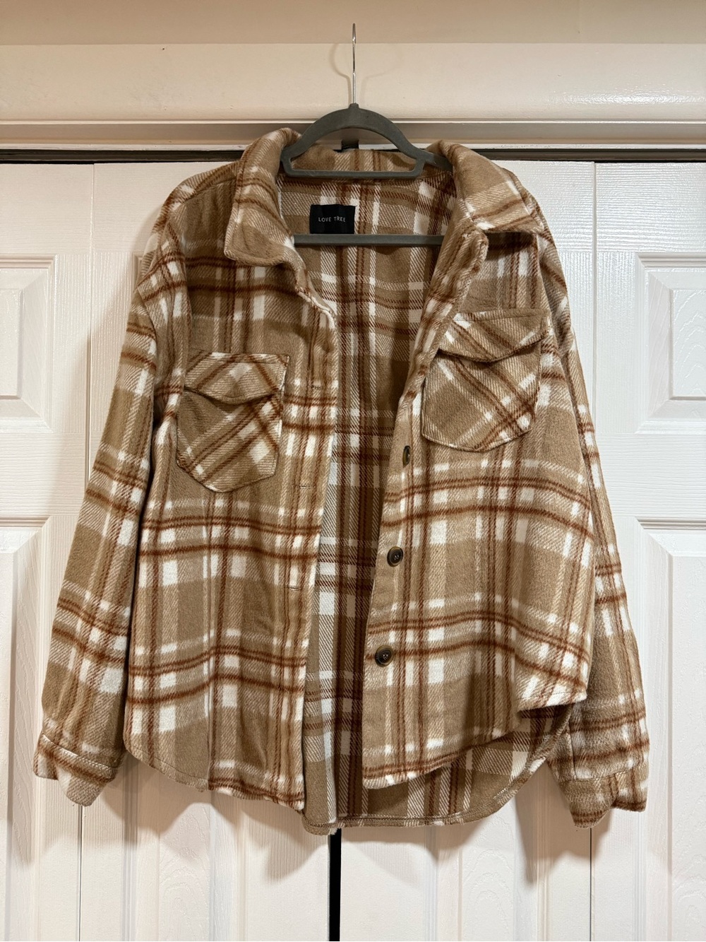 Love Tree Plaid Shacket Jacket - Beige, White & Brown